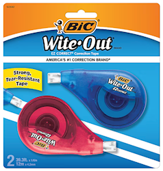 CORRECTION TAPE, BIC WITE-OUT, EZ CORRECT, WHITE, 2/CT LARGE